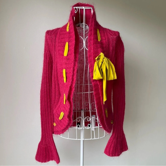 Trina Turk open from cardigan mohair blend silk bow pink yellow cowl neck size S - Picture 1 of 9
